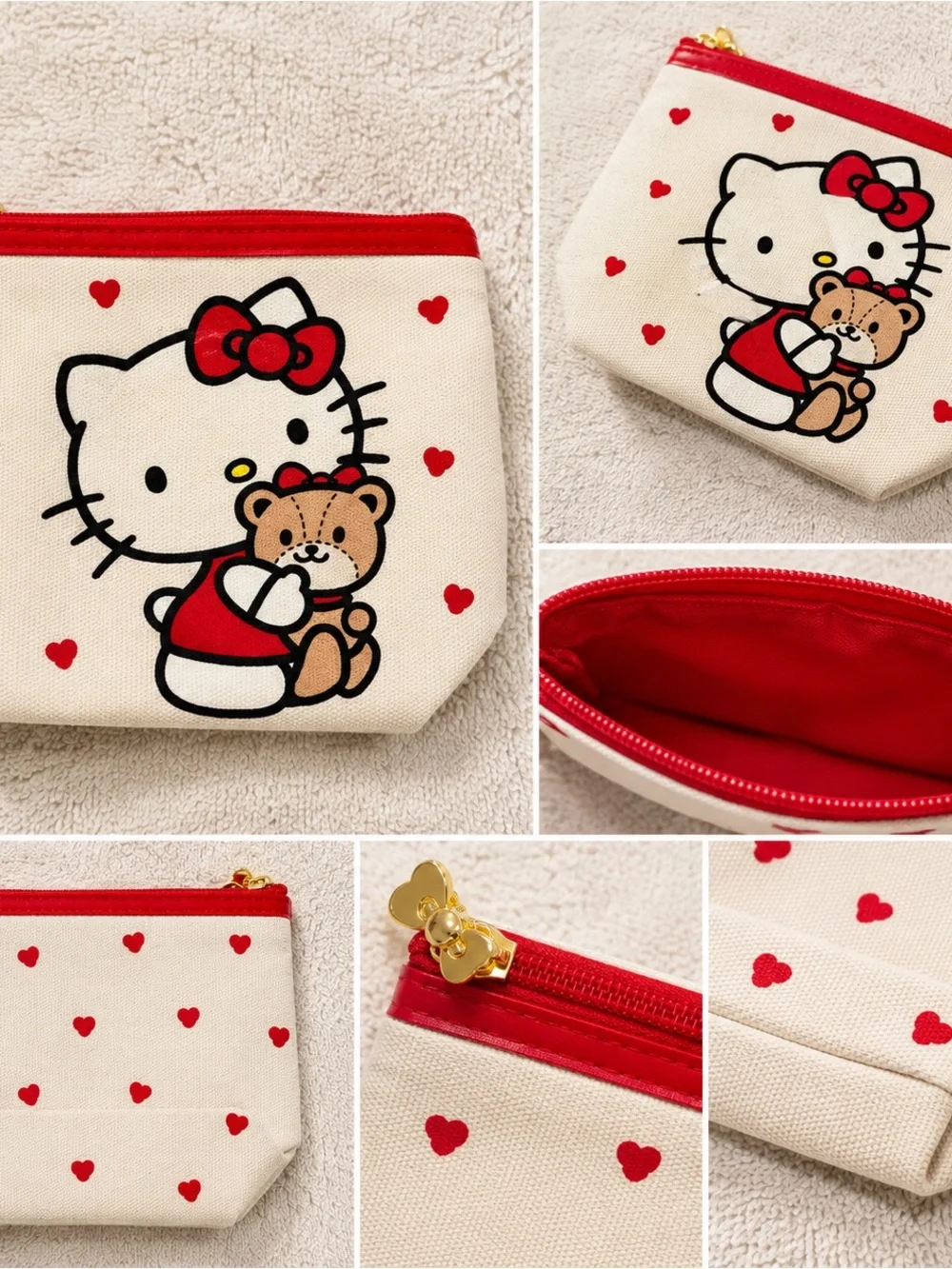 Hello Kitty Cream and Red Coin Pouch with Teddy and Heart Print